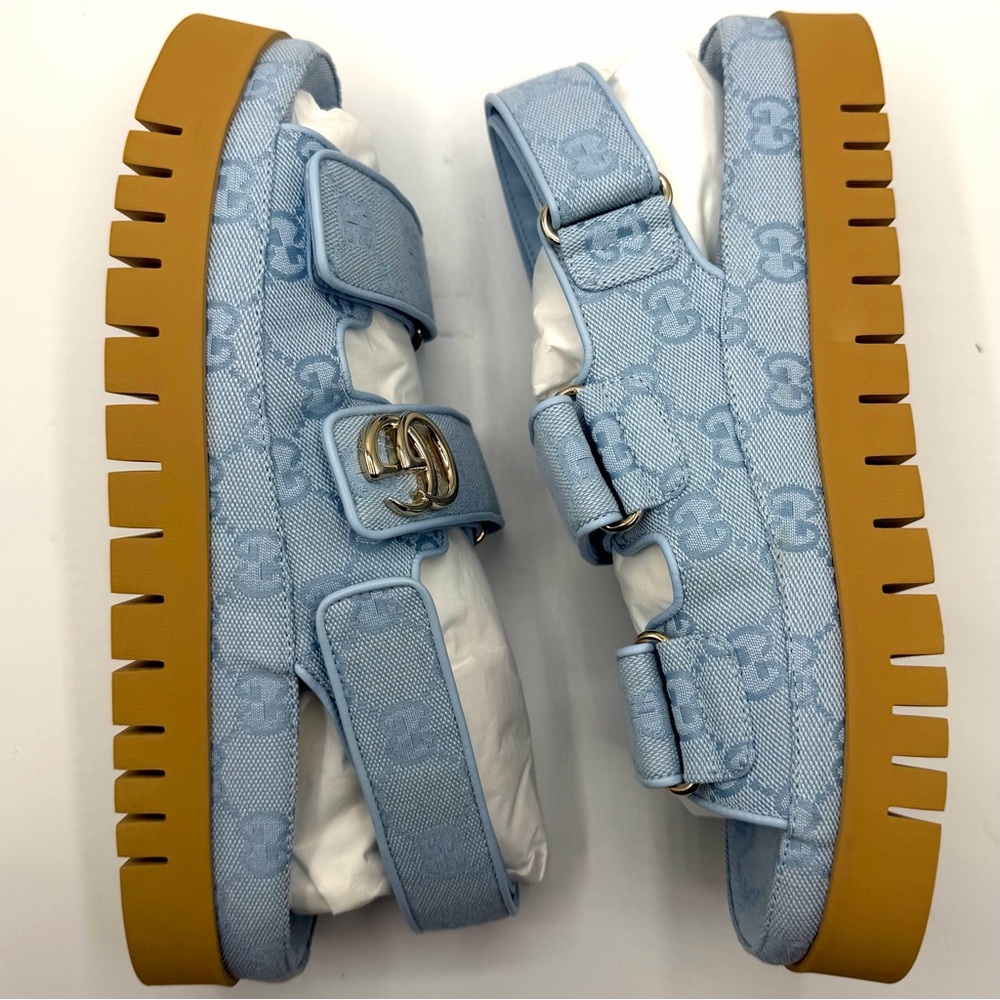 NEW NIB Gucci GG Marmont Logo Blue Canvas Monogram Platform Dad Strap Sandals - Picture 4 of 13